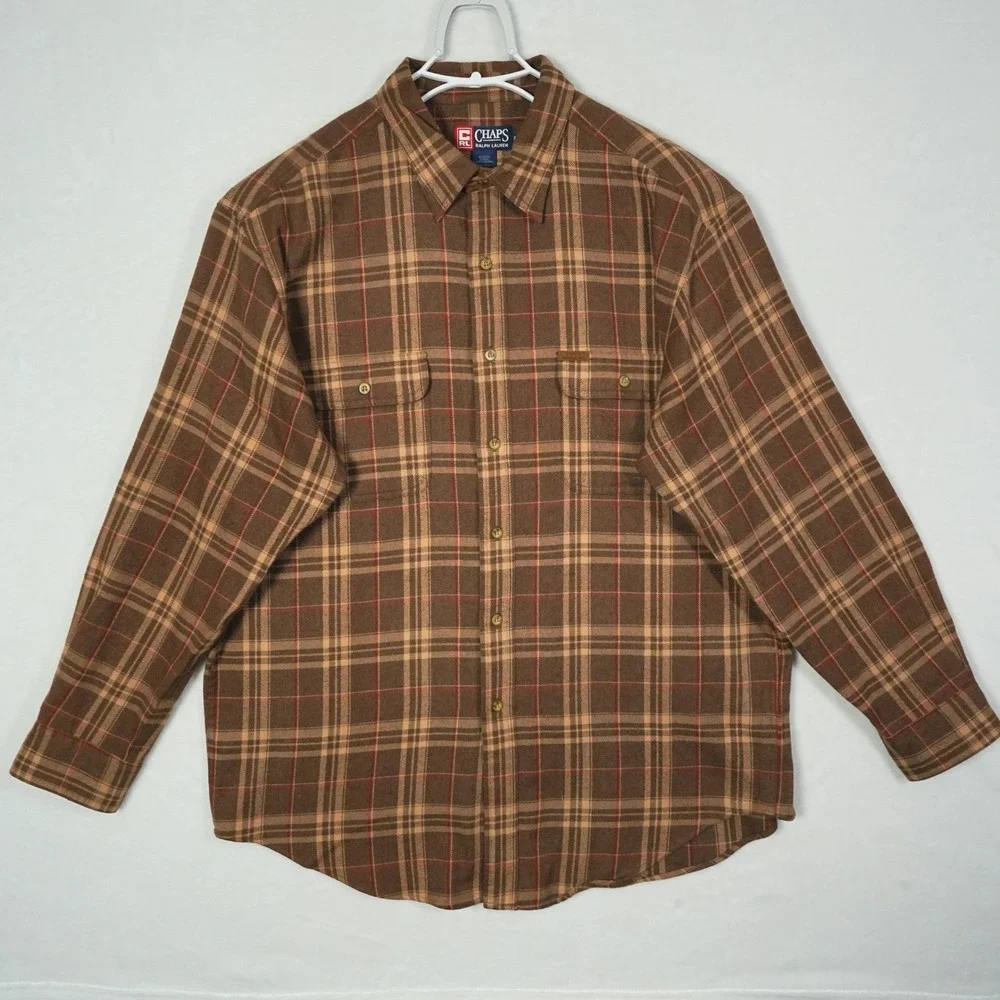 Chaps Ralph Lauren Mens Brown Plaid Cotton Wool Blend Button Down Shirt XL‎